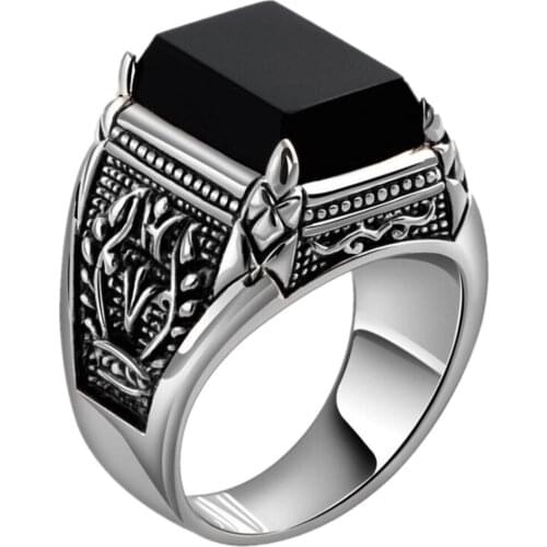 Real pure S925 sterling silver vintage Thai silver ring fashion lace inlaid square cut face black stone mans ring