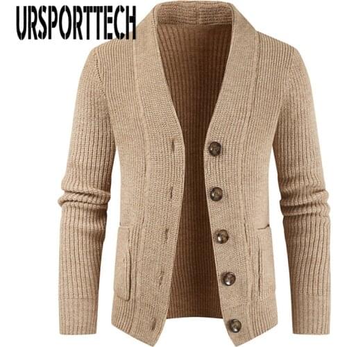 URSPORTTECH Cardigan Sweater Men Knitted Long Sleeve Jacket Streetwear Jacquard Sweater Coat Men 2020 Winter Sweater Men Clothes