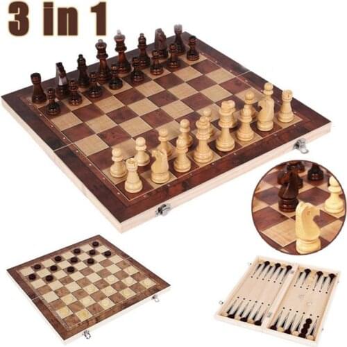 3 in 1 Wooden Chess Game Set Backgammon Checkers Folding Wooden Chessboard Indoor Travel Chess Wood Pieces Chessman