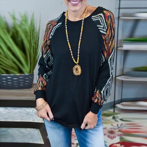 Autumn Winter Womens Casual Tops Temperament All-match Geometric Print Patchwork Round Neck Shirt Long Sleeve Blouse Pullover