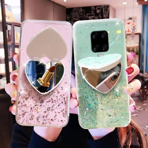 Transparent Silicone Liquid Case For Xiaomi Redmi Note 8 8A 8T 9S 9 Pro Max Glitter stand Cover Phone Case With Hearth Mirror