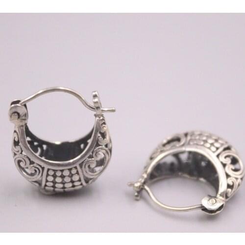 Genuine Real 925 Sterling Silver Flower-Pattern Hoop Earrings 0.71inch Length