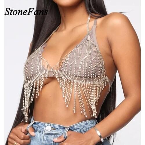 Stonefans Long Tassel Body Chain Rhinestone Bra Harness Lingerie for Women Sexy Body Jewelry Big Chest Chain Crystal Jewellery