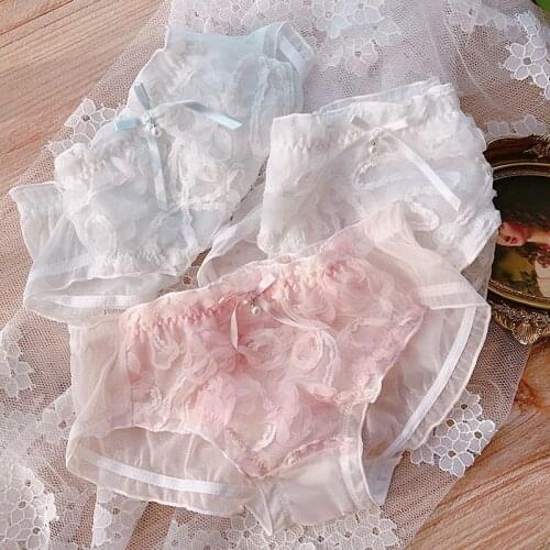 Lolita Style Sweet Underwear Women Seamless Lingerie Lace Ruffles Bow Thong Panties Briefs Kawaii Panty See Through Thongs Hot