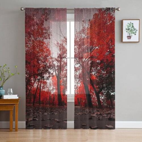 Maple Leaves Red Forest Starry Sky Tulle Curtains For Living Room Bedroom Transparent Tulle Curtains Window Drapes Sheer Curtain