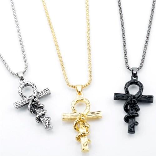 Vintage Hyperbole Punk Hip Hop Snake Winding Cross Totem Black/Gold/Silver Color Pendant Necklaces For Women/Men Gift