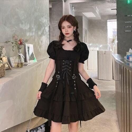 Japanese Women Black Gothic Lolita Dress Victorian Renaissance Retro Chic Punk Style Puff Sleeve Bandage Mini Dress Girl Dresses