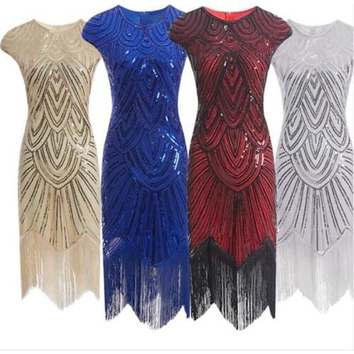 Vintage 1920s Flapper costume Great Gatsby Dress 2019 Summer Fancy Costumes V-Neck Cap Sleeve Sequin Fringe Party Midi Dresses