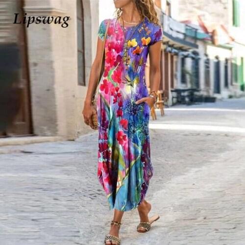 Retro Floral Print Short Sleeve Summer Dress Women Elegant O Neck Irregular Long Dress Casual Loose A-Line Maxi Dresses Vestidos