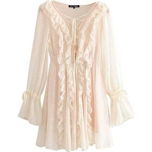 2021 New Women Chic Fashion With Drawstring Ruffles Mini Dress Vintage V Neck Long Sleeve Beach Female Dresses Vestidos Mujer