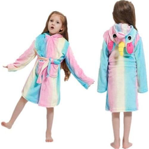 New Rainbow Unicorn Girl Bathrobe Children Kigurumi Pajamas Beach Towel Hooded Cosplay Costume Bath Robes Pyjamas Kids Nightwear