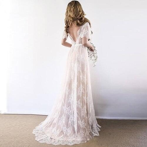 Boho Wedding Dress 2019 V Neck Cap Sleeve Lace Beach Wedding Gown Cheap Backless Custom Made A-Line Bride Dresses