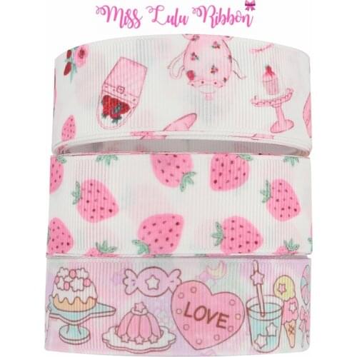 16mm-75mm Strawberry Drink Dessert Series Printed Grosgrain/Foe Ribbon Rainbow Lines DIY Festival Party Hair Bow 50yards/roll