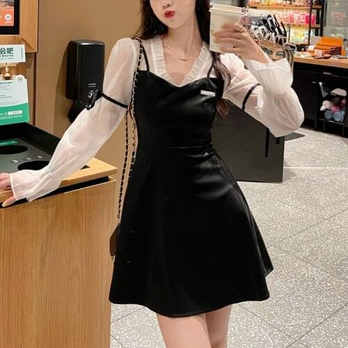 Black and White Mini Dress Korean Elegant V-neck Evening Prom Dress Fairy Velvet Slim Long Sleeve Designer Bodycon Dress 2021