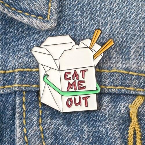 EAT ME OUT Cute Box Enamel Lapel Pins White Carton Cute Brooches Badges Fashion Pins Gifts for Friends Jewelry Wholesale