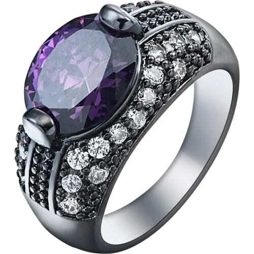 Hainon Luxury Black Gold Color Promise Rings Women Jewelry Princess Micro Paved Large Oval Purple ZirconWedding Engagement Ring