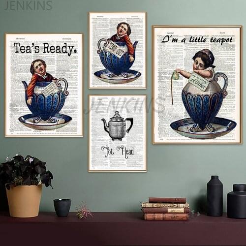 Canvas Poster Funny Weird Boy Tea Cup Vintage Dictionary Page Wall Art Tea Party Girl Pictures and prints Coffee Bar Kitchen Dec