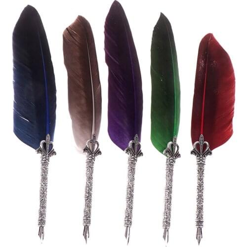 Calligraphy Feather Dip Pen Vintage Quill Dip Pen Turkey Feather Pen Quill Oblique + 5 Nibs+ Pen Set Gift Writing Stationery