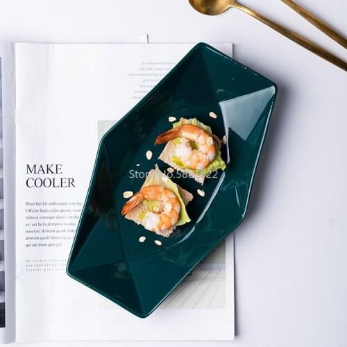 Ceramic Dinner Plate Rectangular Plate Dish Breakfast Plate Creative Nordic Household Tableware Dark Green Emerald Good-looking