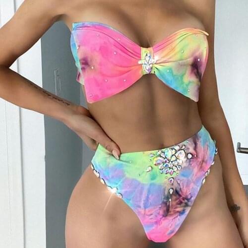 Swimwear Women High Waist Bikini 2021 New Diamond Tie-dye Bow Tube Top Split Swimsuit Bikinis Brazilian Swim Suits