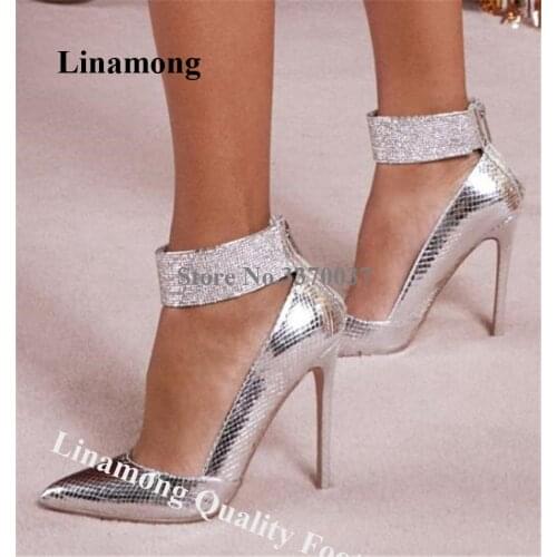 Linamong Elegant Pointed Toe Silver Rhinestone Ankle Strap Stiletto Heel Pumps Back Zipper-up Blue High Heels Wedding Heels Shoe