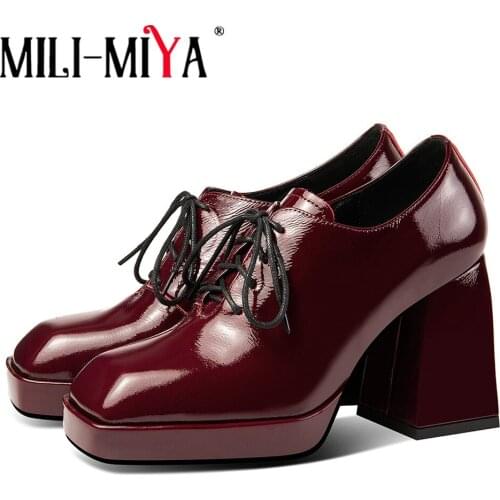 MILI-MIYA Fashion Brand Design Women Cow Leather Pumps Super High Thick Heels Platform Square Toe Lace Up Dress Party Shoes
