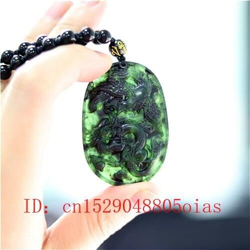 Natural Black Green Chinese Jade Dragon Phoenix Pendant Beads Necklace Charm Jewelry Obsidian Carved Amulet Gifts for Her Men
