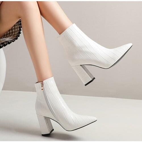 2021 New Fashion Luxury Women Chunky 9cm High Heels Fetish Sock Boots Leather Block Brown White Heels Ankle Boots Scarpins Shoes