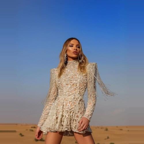 New Arrival Women 2020 Dresses Short For Prom Party Cut-out Sequins Beaded Tassels High Neck Sheer Long Sleeves Evening Skirts