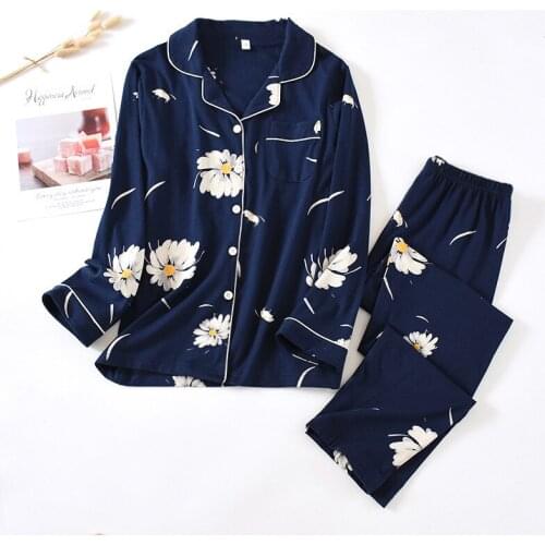 Spring/Autumn Pajamas for Women Pure Cotton Long Sleeve Trousers Small Daisy Two Piece Set Ladies Sleepwear Loose Comfy HomeWear