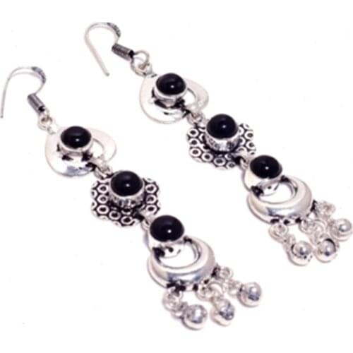 Genuine Black Onyx Silver Overlay on Copper Earrings , Hand made Women Jewelry Gift