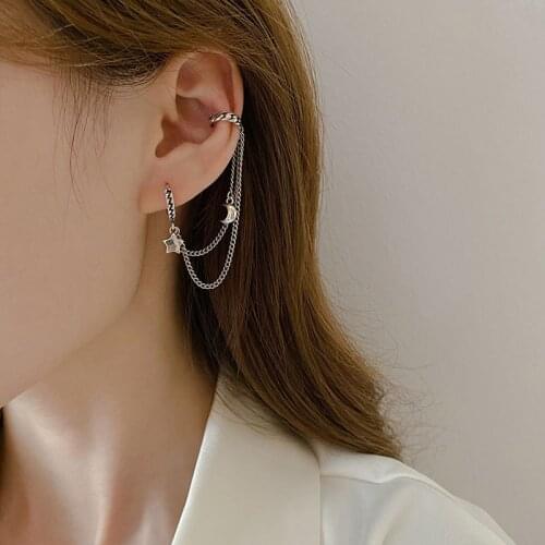 925 Silver Needle Star Moon Earrings 2021 New Fashion Simple Ear Buckle Clip Temperament Retro Hong Kong Wind Long Earrings