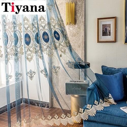 Stitching Blue Lace Bottom Window Drapes for Bedroom Luxury Geometric Hollow Out Embroidery Curtains for Living Room 456Z