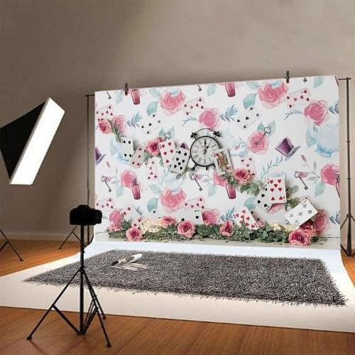Flower Wall Clock Playing Cards Backdrop Child Room Window Decoration Photography Studio Photo Kids Baby Custom Vinyl Background