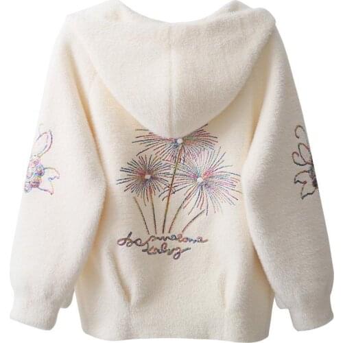 Womens jacket with Imitation mink velvet coats short autumn and winter floral mmbroidery velvet knit cardigan thick