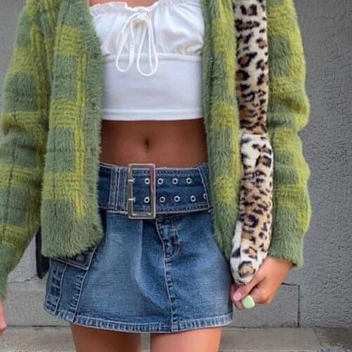 Women Y2K Short Mini Skirts Solid Denim Blue Belted Waist A-line Skirt