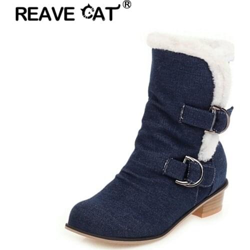 REAVECAT Winter Warm fur Mid-Calf snow boots Round toe low Chunky heels Denim Buckle Strap Big size 34-48 Navy Blue Casual A3165