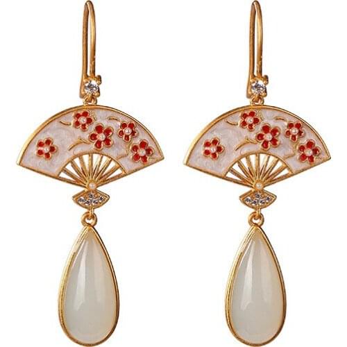 925 sterling silver gold plated Hetian jade earrings retro personalized plum fan womens ear hook earrings