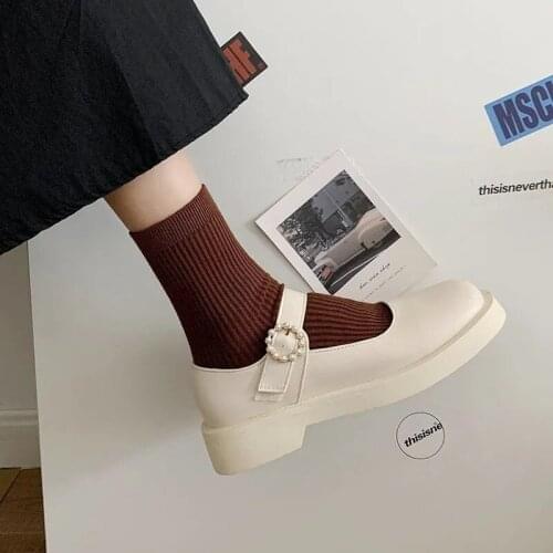 Retro Elegant Pearl Buckle Strap Mary Jane Shoes For Women Gothic Punk Chunky Platform Wedges Black White Leather Fashion Flats