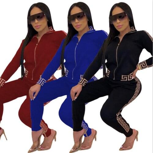 2020 Tracksuits Women Elegant Two-Pieces Suit Sets Female Stylish Plus Size Greek Fret Print Coat & Pant Zip Sets Joggers Women