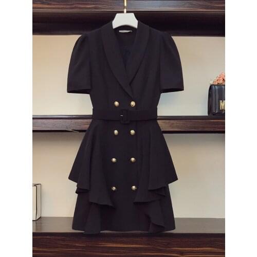 Plus size office ladies elegant notched collar solid dresses Summer Short Sleeve Double Breasted Ruffles Patchwork Vestidos 2021