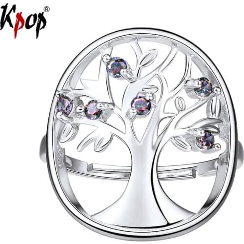 Kpop Tree of Life Ring Wedding Bridal Jewelry Gift Rainbow Stone 925 Sterling Silver Adjustable Family Tree Ring for Women R6247