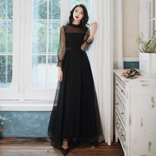 Evening Dress High Neck Black Lace Full Sleeves Elegant Simple Floor-Length New Tulle Zipper Back Woman Formal Party Gowns A817