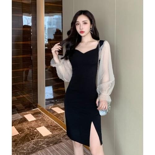 Womens Spring Autumn New Dress Ladies Temperament Mesh Patchwork Lantern Sleeve Beading High Waist Slit Black Dress ML626