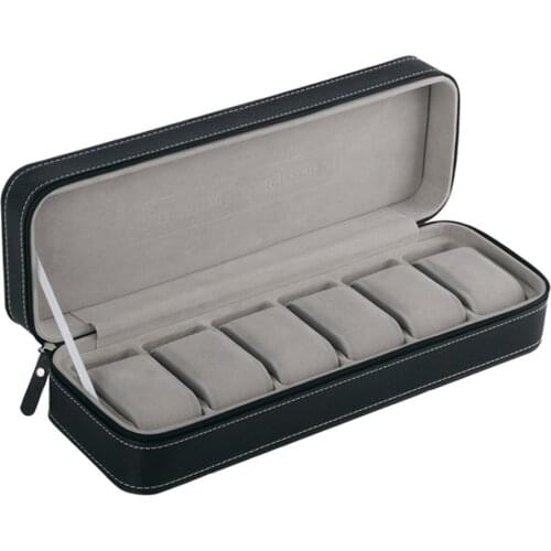 6 Slot Black Gray PU Leather Pratical Watch Storage Display Holder Box Case With Zipper Casket Packaging For Men Valentine Gifts