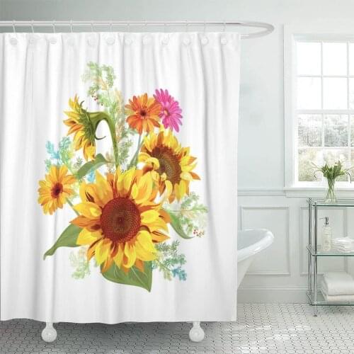Bouquet Autumn Flowers Yellow Sunflowers Gerbera Daisy Small Green Shower Curtain Waterproof Fabric 72 x 78 Inches Set with Hook
