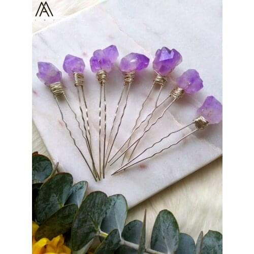 10PCS Silvery Wire Wrapped Amethysts Quartz Flower Beads Hair Pins Tiara For Women Crystal Hairpins Hair Jewelry HG025AMA.H