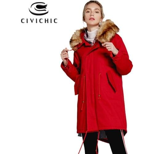 CIVICHIC 2020 Hot Women Winter Fur Collar Parka Warm Hooded Jacket Mid Long Dovetail Outerwear Thicken Over Coat with Belt DC15