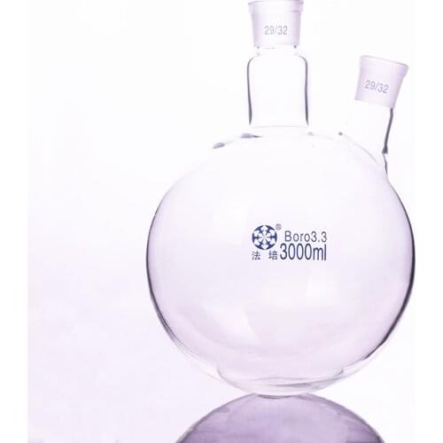 Two-necked flask oblique shape,with two necks standard grinding mouth,Capacity 3000ml,Middle joint 29/32 and lateral joint 29/32