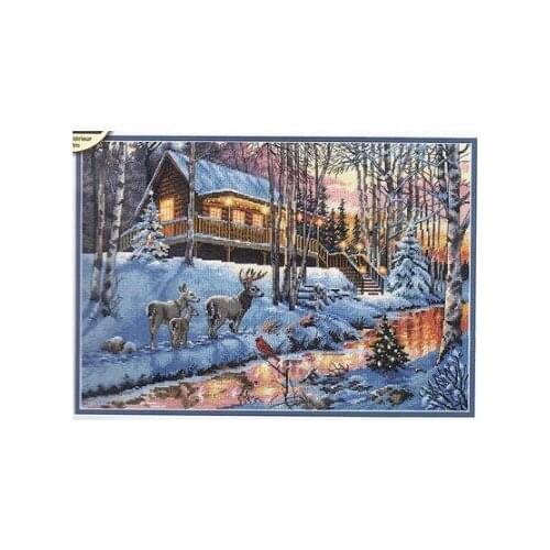 Egypt cotton threads Counted Cross Stitch Kit Winter Cabin Chalet Hut Snow Deer and River Brook Creek dim 08976